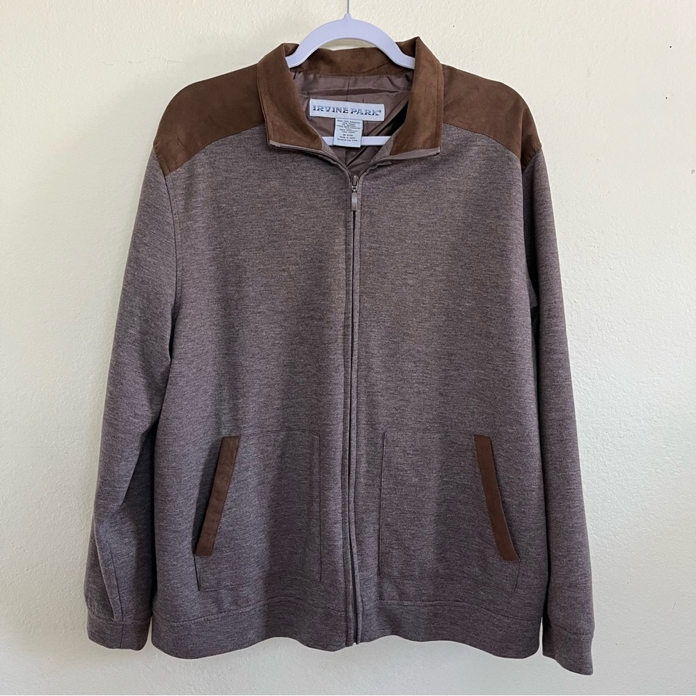Irvine Park Full Zip Faux Suede Collar Shoulder Pocket Trim Brown Jacket Size L